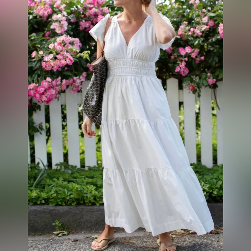 White V-Neck Maxi Dress w Pockets Cotton Poplin Smocked Marea Annabelle Dress 🤍👗
